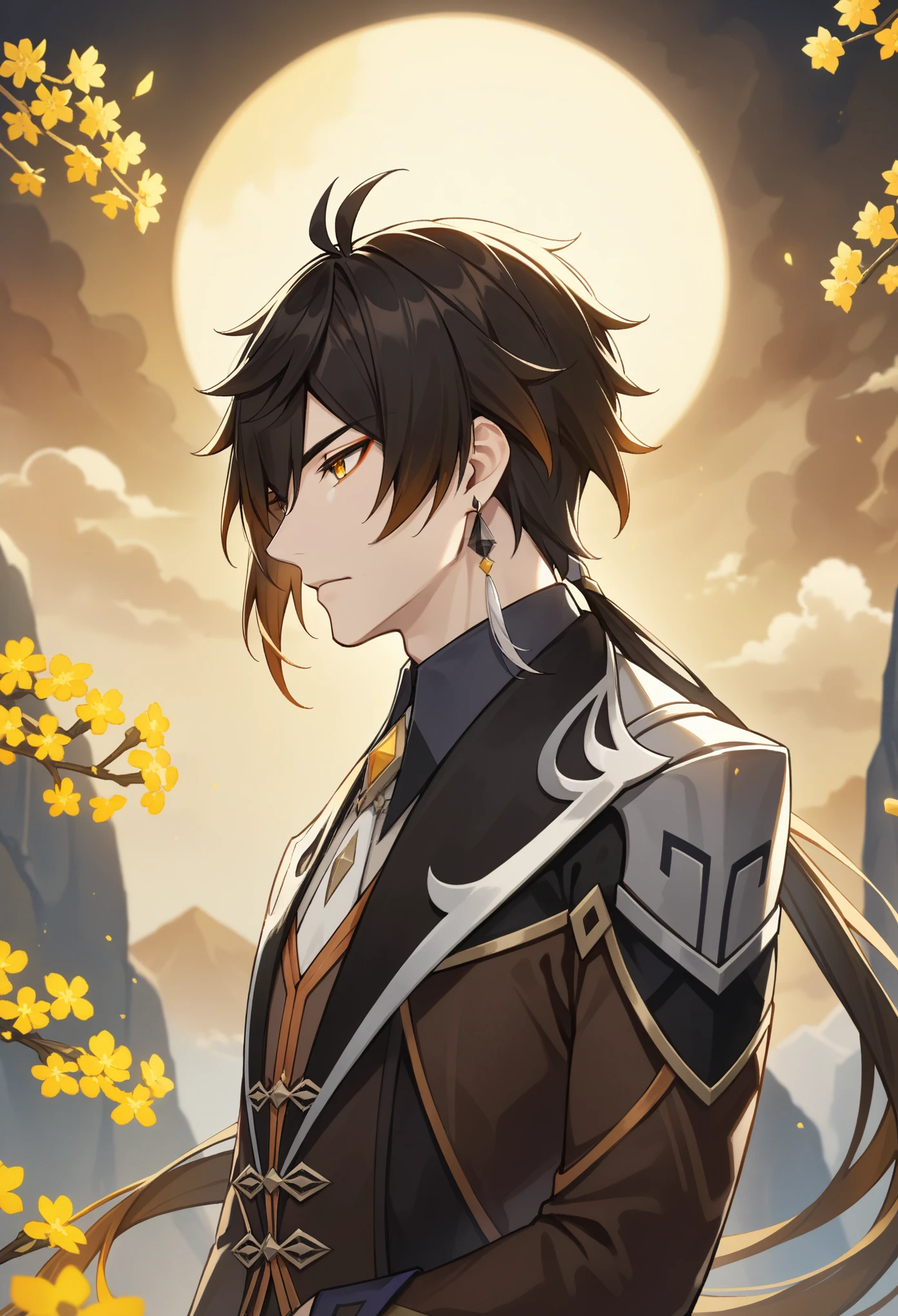 (best quality,4k,8k,highres,masterpiece:1.2),1boy, zhongli_/(genshin_impact/),male focus,ultra-detailed,realistic,(dsmile:0.5),intense gold eyes,mature_male, narrow_waist,full body, by carnelian, cel shading, fantasy china background, liyue, mountains,melancholy, osmanthus flowers,male focus,solo,long hair,bangs,jewelry,earrings,ponytail,contemplative, thoughtful, calm, serene, red eyeliner, ultra-detailed eyes, volumetric lighting, sunset, golden illumination, wise and kind god,cinematic lighting, ray tracing, UHD, high details, high quality, award winning, super detail,vivid fantasy painting,hd color