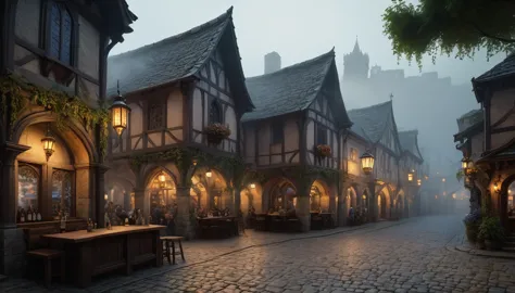 anime style, a medieval fantasy rpg town, stone buildings, many people, bar, detailed architecture, cobblestone streets, medieva...