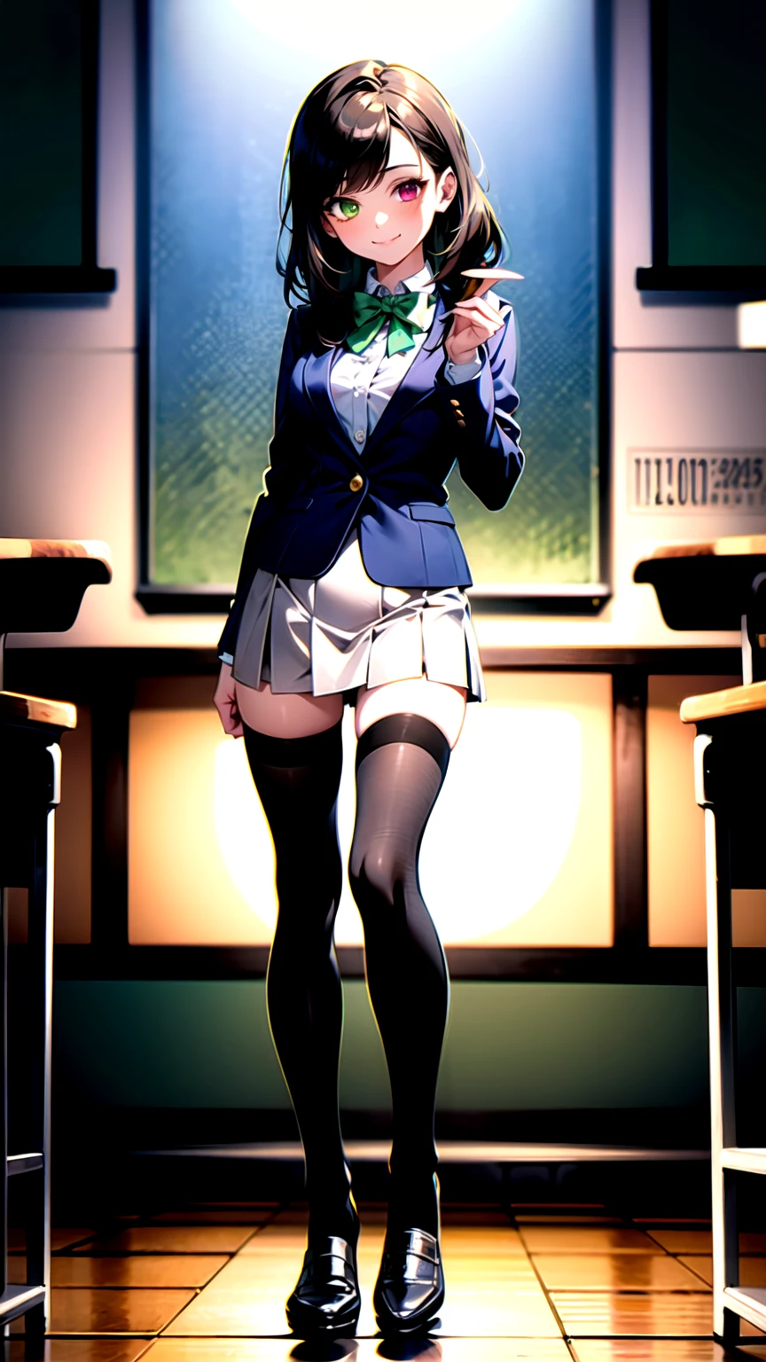 （（super high quality,Ultra-high resolution,4K,8k,super masterpiece,Ultra HD ,Detailed shading））,Full body photo,Evening Classroom,One high school girl,Blue-green blazer,A white dress shirt with the first button undone,Yellow and black striped bow tie,Marigold check mini skirt,Black tights,Long black straight hair,Side-swept bangs,Orange and green heterochromia,Sharp eyes with raised,smile,