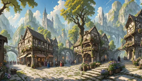 middle ages　 fantasyrpg landscape a stone cityscape　 many people　bard　bar