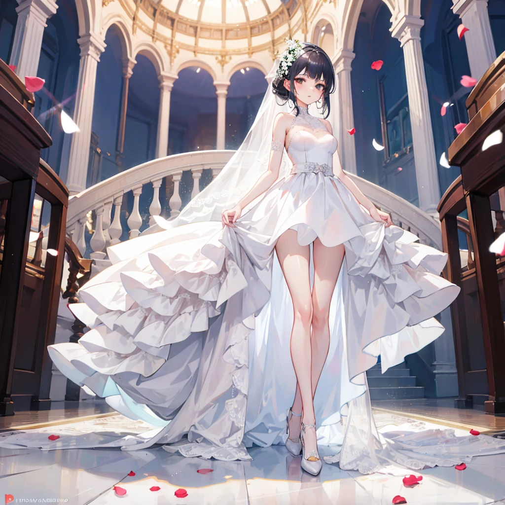 A girl, Wearing a wedding dress, White Wedding Dress, whole body, Slim, Long legs