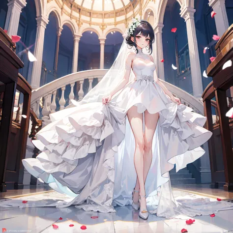 a girl, wearing a wedding dress, white wedding dress, whole body, slim, long legs