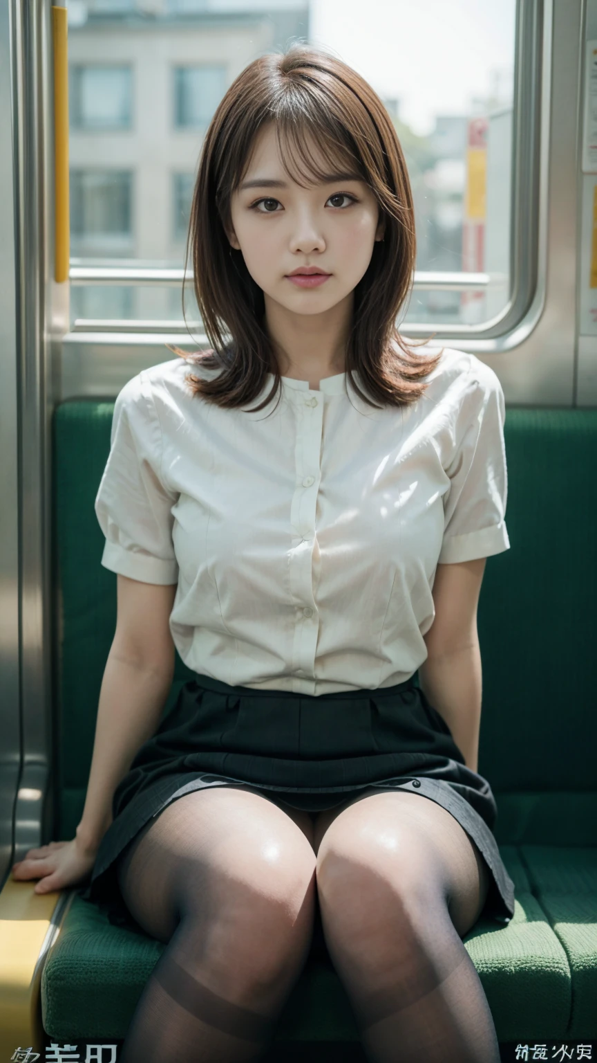 (masterpiece, Highest quality, 8K, RAW Photos, beautifully、aesthetic:1.2), Intricate details, indirect lighting, Realistic, whole body, Sitting on a chair on the train、Staring at the viewers、Voyeur、 Square neck button-down linen sundress, (Ultra-realistic pantyhose)、 Training women , Chair to sit under skirt,uhd,8k,bokeh,sharp focus,super detail face,jspanese girl,beautiful legs,slender,(medium breasts),super detail eyes
