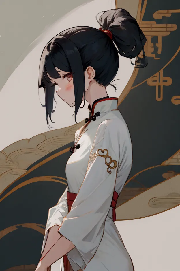 anime girl, chinese long dress with ponytail cuff hairstyle