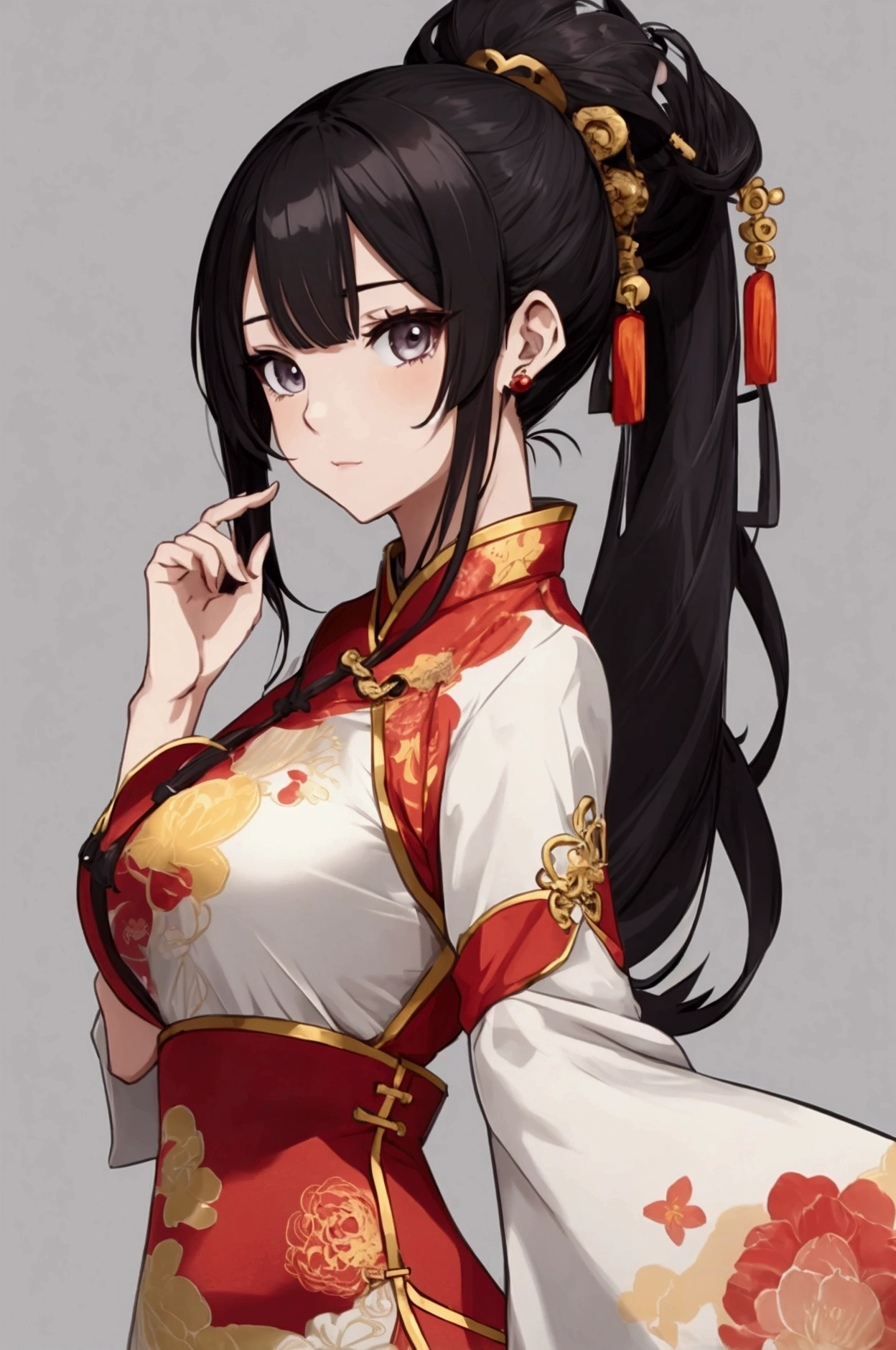 anime girl, chinese long dress with ponytail cuff hairstyle