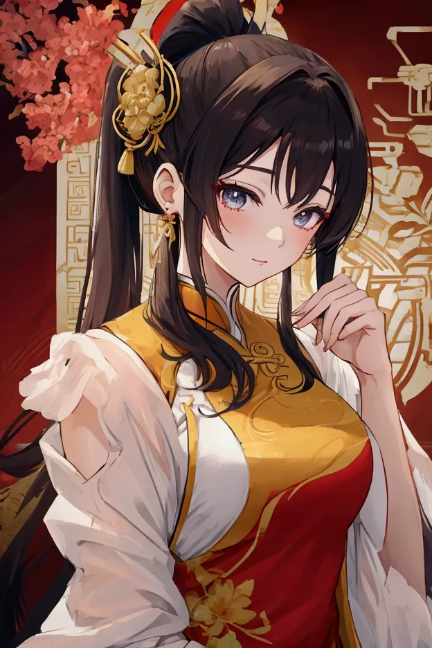 anime girl, chinese long dress with ponytail cuff hairstyle