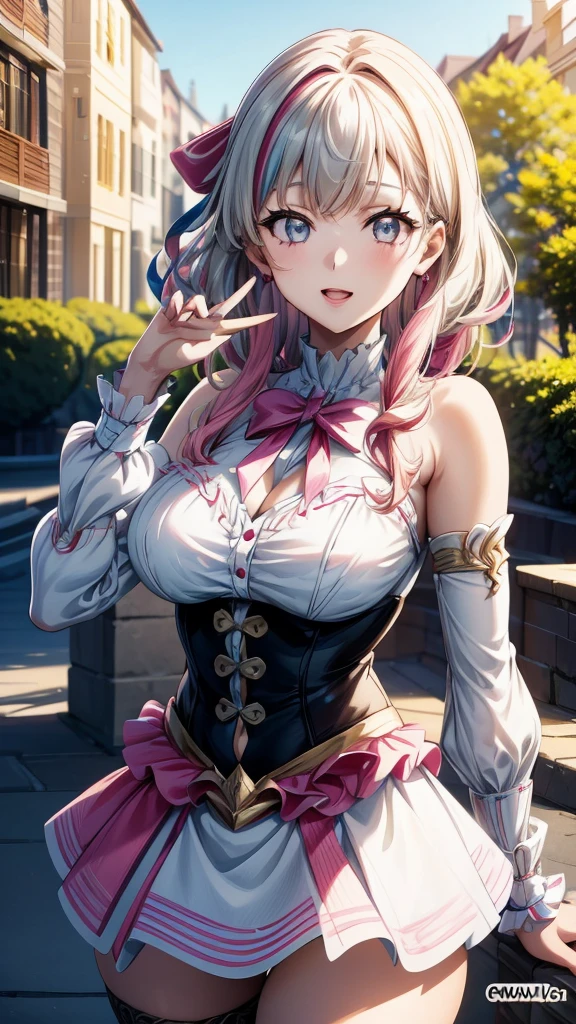 “(Best quality, masterpiece, ultra high definition, high resolution, HDR, Unity 8K wallpaper, beautiful details, depth, delicacy, vivid colors). A single girl in an anime style inspired by Epic Seven. She has beautifully detailed eyes, lips, and face, with long eyelashes. She wears a complex and revealing gal-style uniform with a mini skirt, featuring cute ribbon accessories. Her hair is multi-colored with striped, curly textures, blending rainbow hues with half white and half pink tones. The upper body is in focus, capturing her laughing expression. The image emphasizes her attractive, adorable appearance, with an erotically cute vibe. The girl’s hairstyle is distinct and different, adding uniqueness to her look. She has four fingers visible with a detailed thumb joint. The scene is rendered in ultra-high definition CG, ensuring every detail is vivid and sharp.”