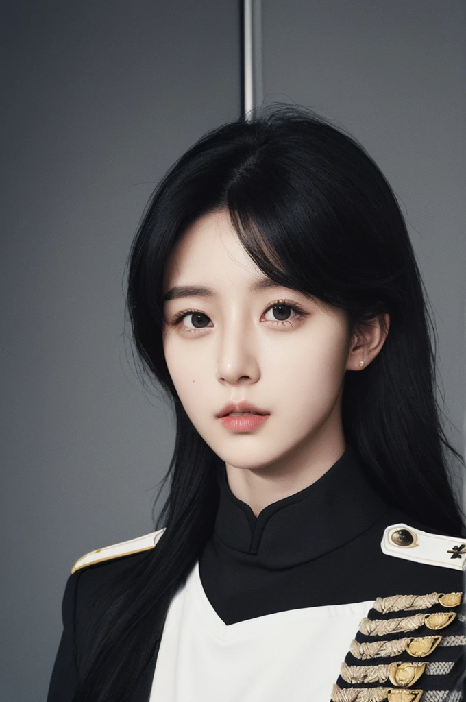 (Hasselblad:1.2),1women,female army officer,black uniform,black pants,solo,black eyes,black hair,long hair,quite close,(half body:1.2),living,