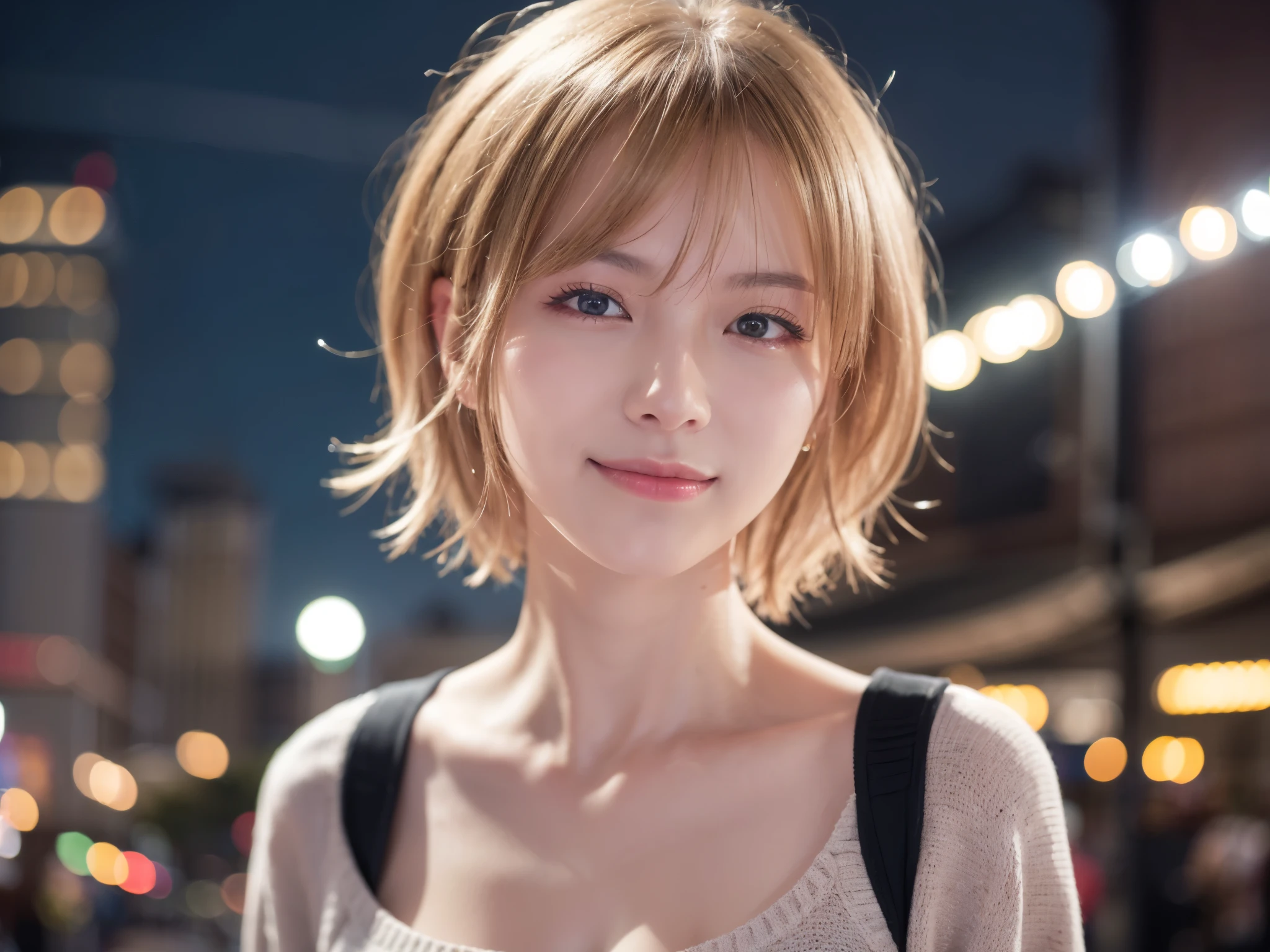 Japanese girl in casual clothes、Observe the audience、Tokyo cityscape at night、(highest quality、masterpiece)))、HD Fine、Very detailed、masterpiece、Cinema Lighting、(8k、highest quality、masterpiece:1.2)、(Realistic、Realistic:1.37) High resolution、Very detailed、Woman wearing glasses、A look of silence、Round Glasses、Asian, cute, cute顔, alone,Blonde Short Hair 1.2, Textured skin, Beautiful smile, Beautifully detailed night sky, Night view, Cinema Lighting, Written boundary depth, Lens flare light、date、(Blushing your nose)、、(Mouth closed)Small breasts、A beautiful eye for detail、(sweater:1.1)、(Blonde Short Hair:1.2)、Floating Hair Nova Frog Style、