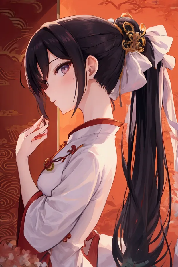 anime girl, chinese long dress with ponytail cuff hairstyle