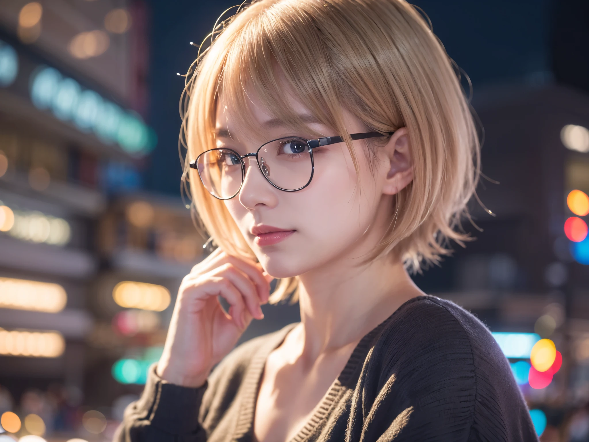 Japanese girl in casual clothes、Observe the audience、Tokyo cityscape at night、(highest quality、masterpiece)))、HD Fine、Very detailed、masterpiece、Cinema Lighting、(8k、highest quality、masterpiece:1.2)、(Realistic、Realistic:1.37) High resolution、Very detailed、Woman wearing glasses、A look of silence、Round Glasses、Asian, cute, cute顔, alone,Blonde Short Hair 1.2, Textured skin, Beautiful smile, Beautifully detailed night sky, Night view, Cinema Lighting, Written boundary depth, Lens flare light、date、(Blushing your nose)、、(Mouth closed)Small breasts、A beautiful eye for detail、(sweater:1.1)、(Blonde Short Hair:1.2)、Floating Hair Nova Frog Style、