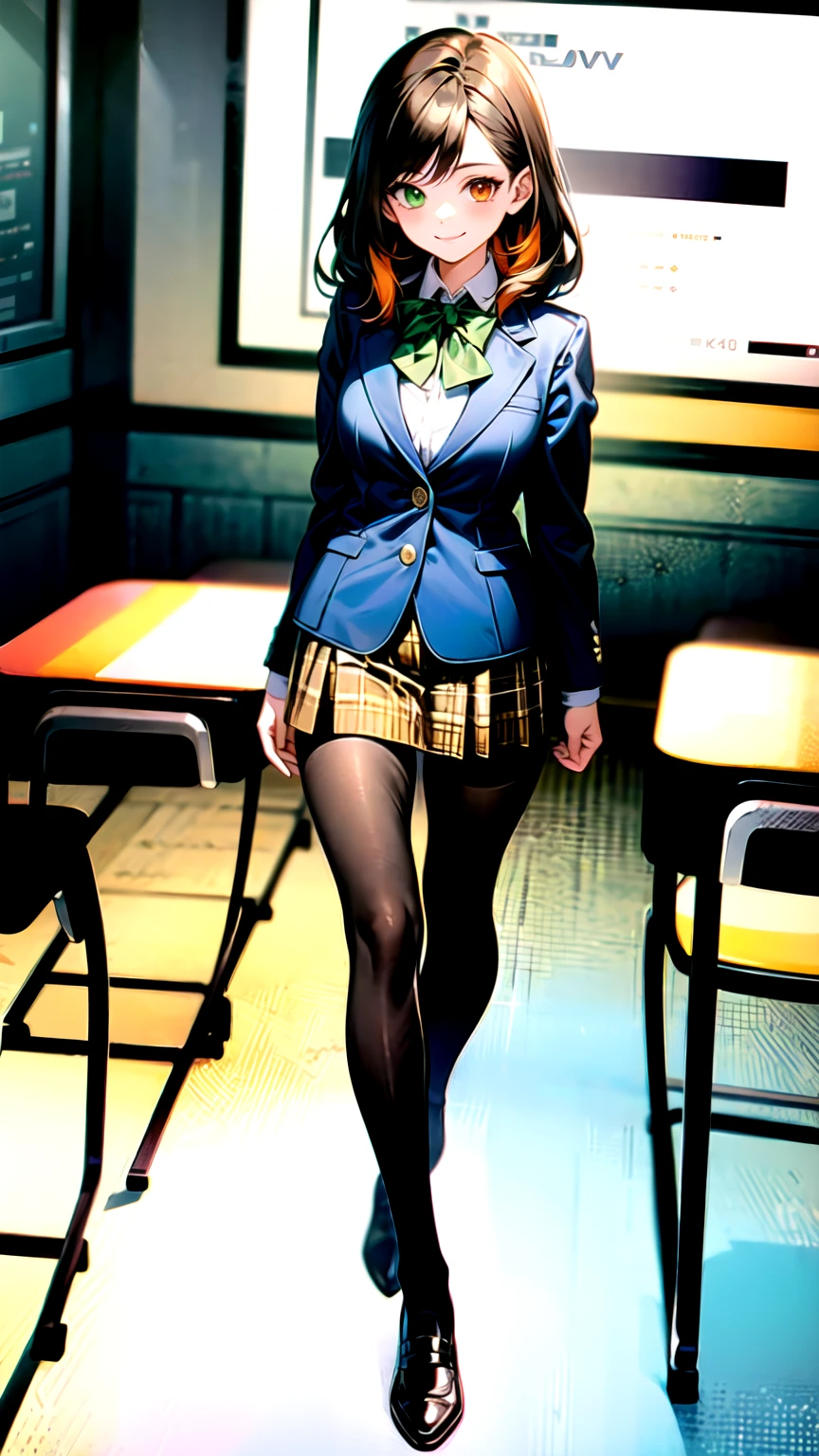 （（super high quality,Ultra-high resolution,4K,8k,super masterpiece,Ultra HD ,Detailed shading））,Full body photo,Evening Classroom,One high school girl,Blue-green blazer,White dress shirt unbuttoned to the second button,Yellow and black striped bow tie,Brown plaid mini skirt,Black long tights,Black, extremely long, straight hair,Side-swept bangs,Orange and green heterochromia,Sharp eyes with raised,smile,turning the body diagonally,