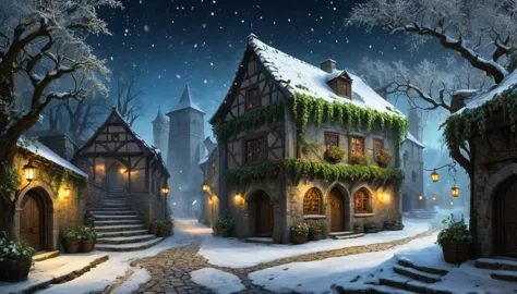 illustration, fantasy and magic world, snowfall, villagers, downtown of medieval city, landscape. background with market, tavern...