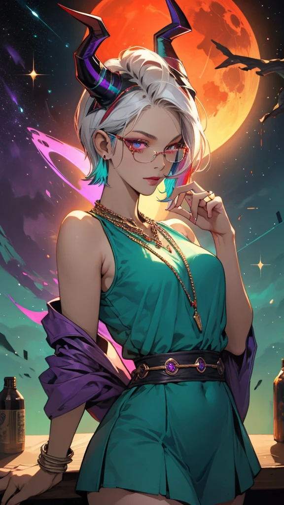 8k, masterpiece, best quality, highly detailed, 1 girl, tiefling, warlock, pixie cut, multicolored hair, very short straight hair red highlight hair on white hair, strippled hair, wearing glasses, round glasses, earrings, navel piercing, red eyeshadow, long eyelashes, blushed cheek, red lips, pearl necklace, rings, collarbone, mole on face, glamorous, teal and purple clothes, sleeveless, miniskirt, smirk, hand on chest, close up view, rings, looking at viewer, demon horns, solo, milky way, starry sky, blood red moon, standing, chains on the background.