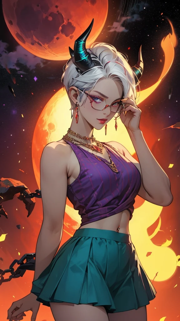 8k, masterpiece, best quality, highly detailed, 1 girl, tiefling, warlock, pixie cut, multicolored hair, very short straight hair red highlight hair on white hair, strippled hair, wearing glasses, round glasses, earrings, navel piercing, red eyeshadow, long eyelashes, blushed cheek, red lips, pearl necklace, rings, collarbone, mole on face, glamorous, teal and purple clothes, sleeveless, miniskirt, smirk, hand on chest, close up view, rings, looking at viewer, demon horns, solo, milky way, starry sky, blood red moon, standing, chains on the background.