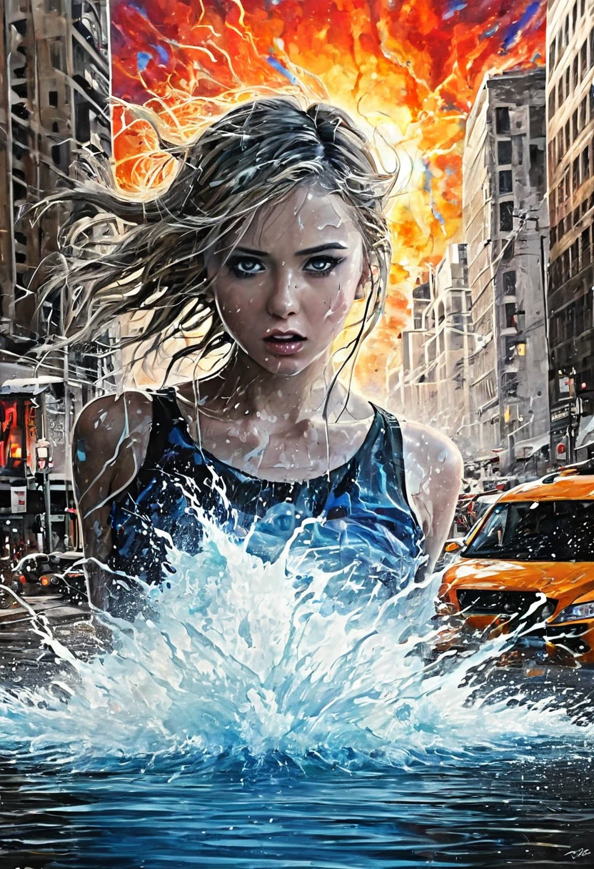 abstract face in a city landscape, a photorealistic painting by Mark English , [:anime line art:0.2], celestial and Heat and Thunder and Water themed, epic splash art , auto-destructive art, , abstract