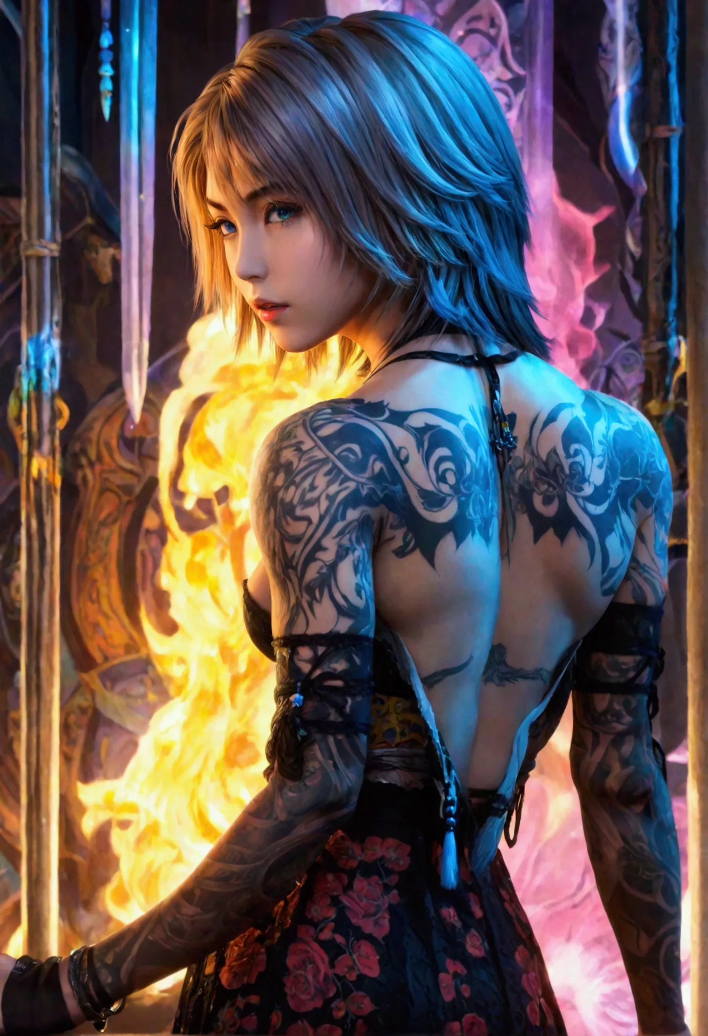 create a hyper detailed photograph of a tattooed muscular young sexy yuna deathknight, stunningly perfect gorgeous face, perfect...