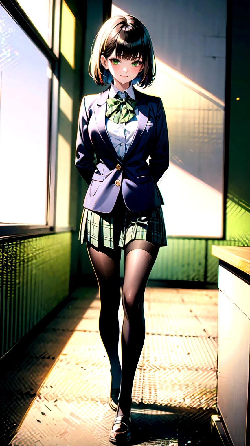 （（super high quality,Ultra-high resolution,4K,8k,super masterpiece,Ultra HD ,Detailed shading））,Full body photo,Morning Classroom,One high school girl,a green blazer with blue,White dress shirt unbuttoned to the second button,A yellow striped bow tie,Brown plaid mini skirt,Black tights,Long black straight hair,Side-swept bangs,Orange and green heterochromia,Sharp eyes with raised,smile,