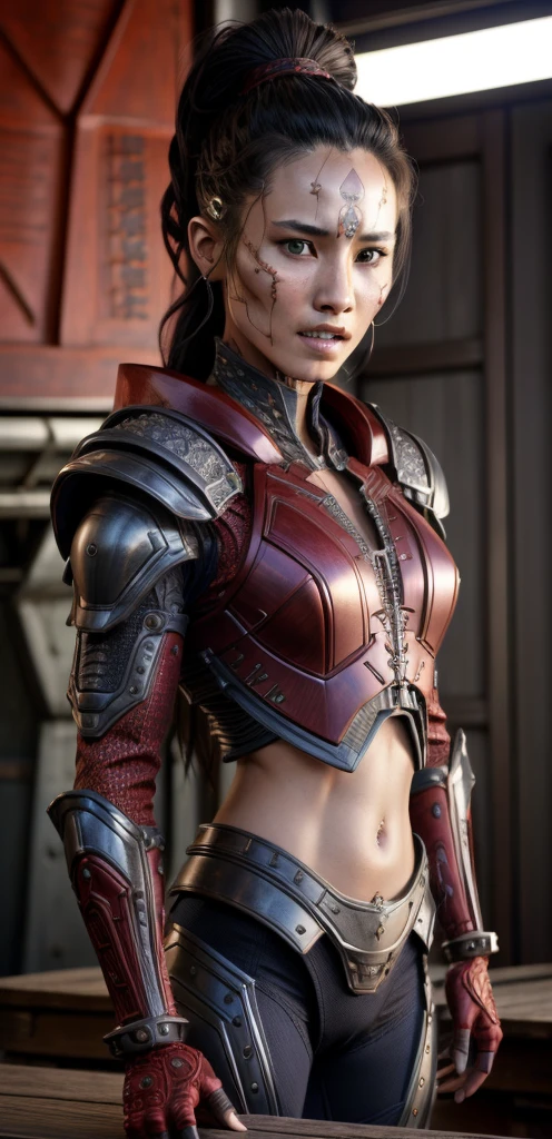 (armor xenomilf) , colored skin,( red skin),( sharp teeth), (Christina Chong beautiful face, narrowed eyes. smirk.) (digital) (in detailed shipyard, (Mandarin Collar Shirt))(best quality, xenomilf,)
