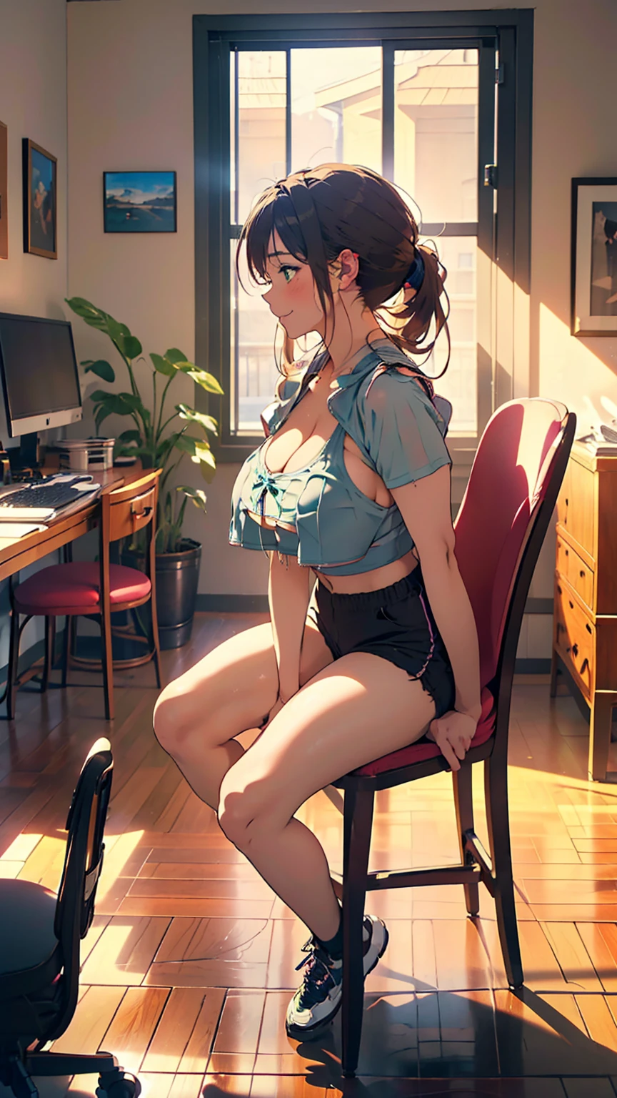 masterpiece, highest quality, Ultra-high resolution,(clear, Beautiful woman:1.2),(Upward-facing chest), (Beautiful busty breasts:2), Cleavage, (Happy:1.2), (enjoy:1.2), Embarrassing, Blushing, (Black Hair:1), short roll-up ponytail, (Squint your eyes:1.4), Sweaty body, Hot body, Elated face, portrait of a beautiful detailed girl with long hair, Shiny brown hair and charming green eyes, 23 Year Old Girl, (Her Room), Slight Smile, Crouched Figure, (Large Natural Breasts:1. 5), Cleavage, Exposed Upper Body:1, upper body exposed:1.3, ((see-through T-shirt)), (beautiful legs, thighs), short pants, (lower body: 1.5), ((sitting on chair, listening to music on computer)), (((full body shot, straight on, profile, from side,))), midnight, dark room, 