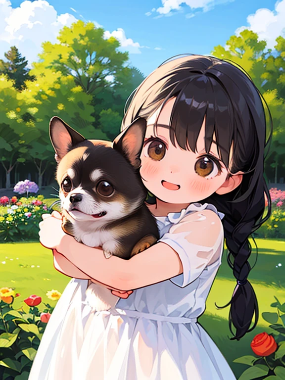 (Highest quality,32K,High resolution,masterpiece:1.2), Very detailed, (Deformed, Realistic, Realistic:1.3)，One Girl，cute，非常にlow length，8-year-old，Laughing happily, Brown eyes，low length， fluffy, Black hair braids，White short dress，Hugging a Chihuahua，A Chihuahua is much bigger than a girl....，This dog is a chihuahua..，The midsummer background is the garden of a country house，My clothes are transparent because of cold sweat，