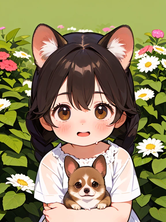 (Highest quality,32K,High resolution,masterpiece:1.2), Very detailed, (Deformed, Realistic, Realistic:1.3)，One Girl，cute，非常にlow length，8-year-old，Laughing happily, Brown eyes，low length， fluffy, Black hair braids，White short dress，Hugging a Chihuahua，A Chihuahua is much bigger than a girl....，This dog is a chihuahua..，The midsummer background is the garden of a country house，My clothes are transparent because of cold sweat，