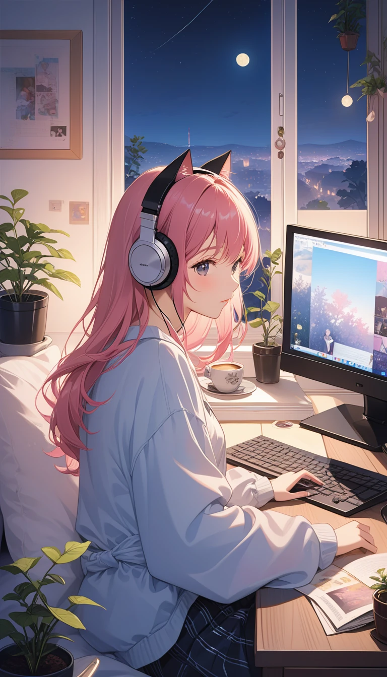 (super masterpiece　Highest quality　high resolution) Lo-fi style、anime、Woman wearing headphones、２０age、Hair is about waist length　Hair color is black with a few pink streaks、Casual clothing、Room with a night view、Staring at a computer and listening to music、The cat is sleeping、coffee、magazine、A small potted plant、It&#39;s raining outside、Water droplets on the window、Stylish、