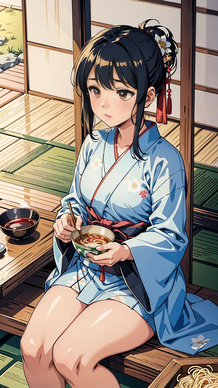 a woman wearing a yukata (traditional Japanese summer kimono) and eating somen noodles. The woman is seated on a traditional Japanese veranda (engawa), holding a very small, delicate bowl with chopsticks, dipping the noodles into an even smaller dipping sauce bowl. A larger bowl filled with somen noodles is placed on the floor beside her. The scene is peaceful and serene, with a beautiful Japanese garden in the background, featuring lush greenery, flowers, and a calm pond. The overall atmosphere reflects a tranquil summer day in Japan.

コピーする