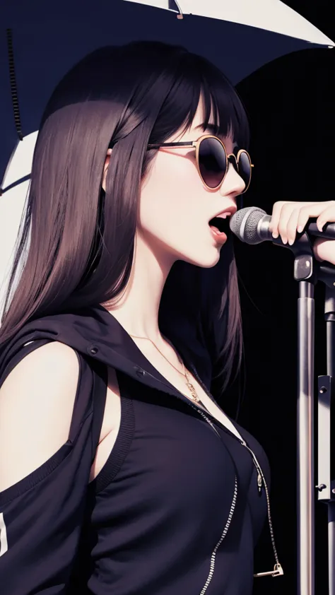 singing girl,holding a microphone、sunglasses