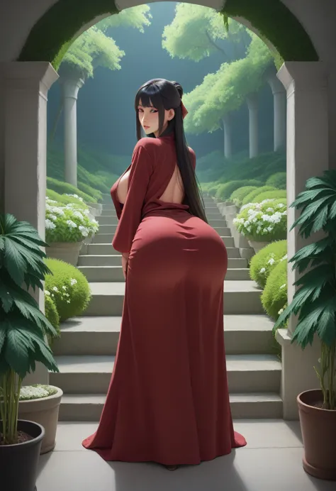 score_9, score_8_up, score_7_up, 1girl, fern black hair, long hair, blunt bangs, half updo, open robe, long dress, looking at vi...