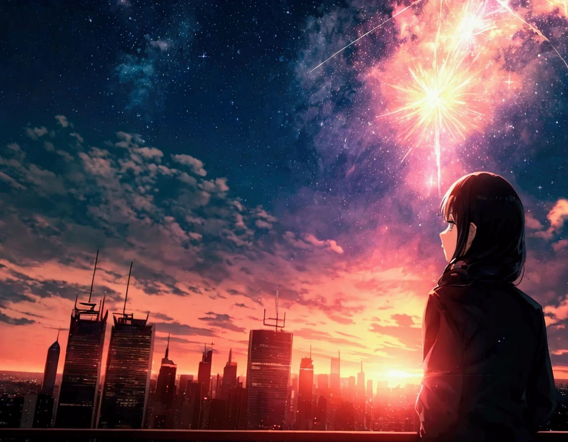 Sparkler, 1girl(silhouette), star (sky), cloud, cityscape, on top floor of the building, city, outdoors, skyscraper, city lights, night, night sky, sunset, skyline