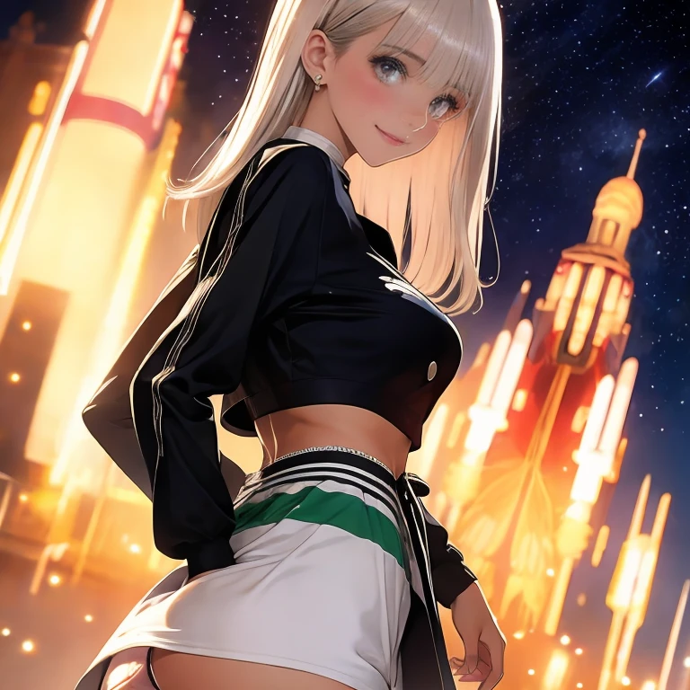 anime illustration, ((((highest quality)))), (((Ultra-precision CG 16K))), (((masterpiece))), BREAK skinny body, slender waist, medium Breasts, (((perky breasts))), ((sagging breasts)), (covered nipples),  (((tanned skin, tan lines))) , BREAK ( smiling, blush, determined expression, sweaty , Heavy breathing, embarrassed, ) , (natural make), BREAK narrow eyes, (streaked hair, hair intakes, colored inner hair, ) BREAK (((wearing printed sexy oversized clothing , wearing wide-leg-pants, breasts is covered by outfit, ((detailed panty)), Narrow aisles,))) , wearing earrings , BREAK ( stick breast out,  bending over, ) BREAK  ( under the cosmic sky on the cosmic sea , cosmic effects), (((looking at viewer, ))), BREAK ((cinematic , close-up of face, cowboy shot, looking at viewer, )), random angle, random situation , pinup magazine pose, from above , from behind 