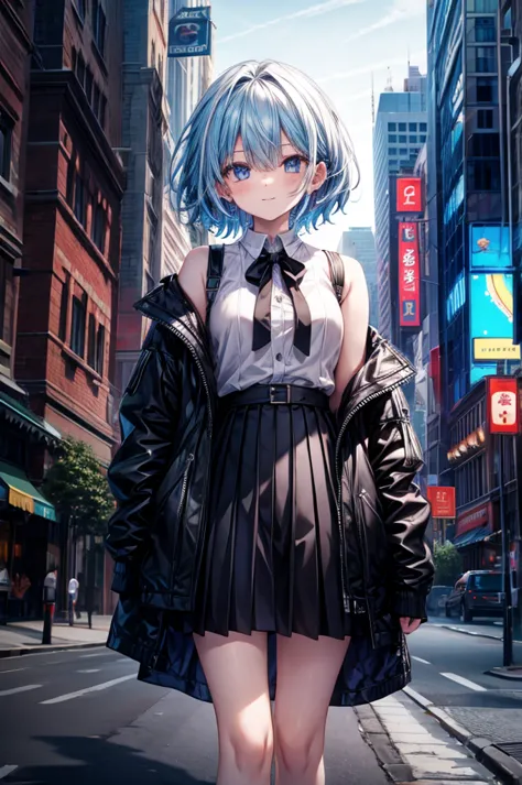 1 girl, black_skirt, blue_hair, architecture, city, cityscape, hair_between_eye, jacket, watching_exist_viewer, moderate_hair, c...