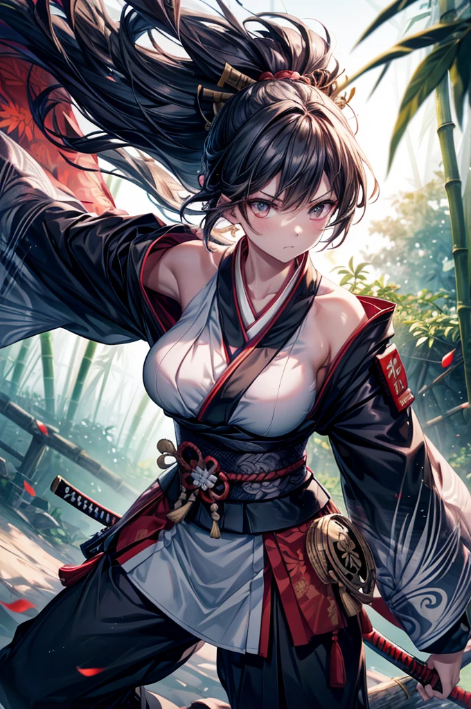 Original photo of a female warrior, Put on a fighting stance, She holds an unsheathed sword, Be prepared for battle, Wearing samurai clothing (kimono) (Wind in the bamboo forest), (The wind blew the leaves), There is a wound on the shoulder ( High Skin Detail: 1.2), 8K Ultra HD, SLR camera, Soft lighting, high quality, Film Grain, Fuji XT3