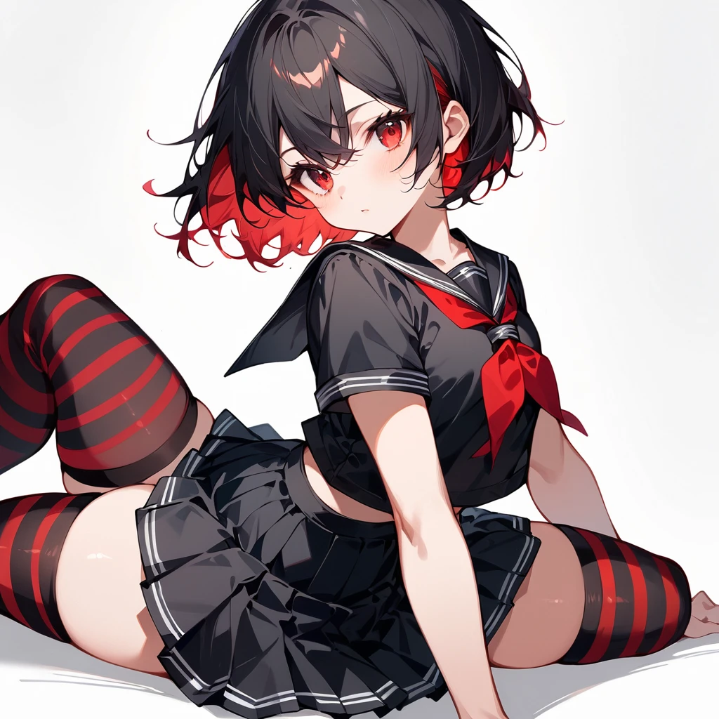 score_9, score_8_up, score_7_up, masterpiece, ultra-detailed, pretty eyes,1Girl, solo, teenager, short, small chest, big hips, red eyes, thick thighs, short hair, black hair, red Inner Hair, teenager, wearing (BLACK clothing). BLACK short-sleeve serafuku, red neckerchief, pleated skirt, zettai ryouiki thighhighs, black and red striped thigh-high socks, ankle-length platform boots, no items, no effects. Simple background, White background, full body, Simple background, White background, portrait, faceUp, from side