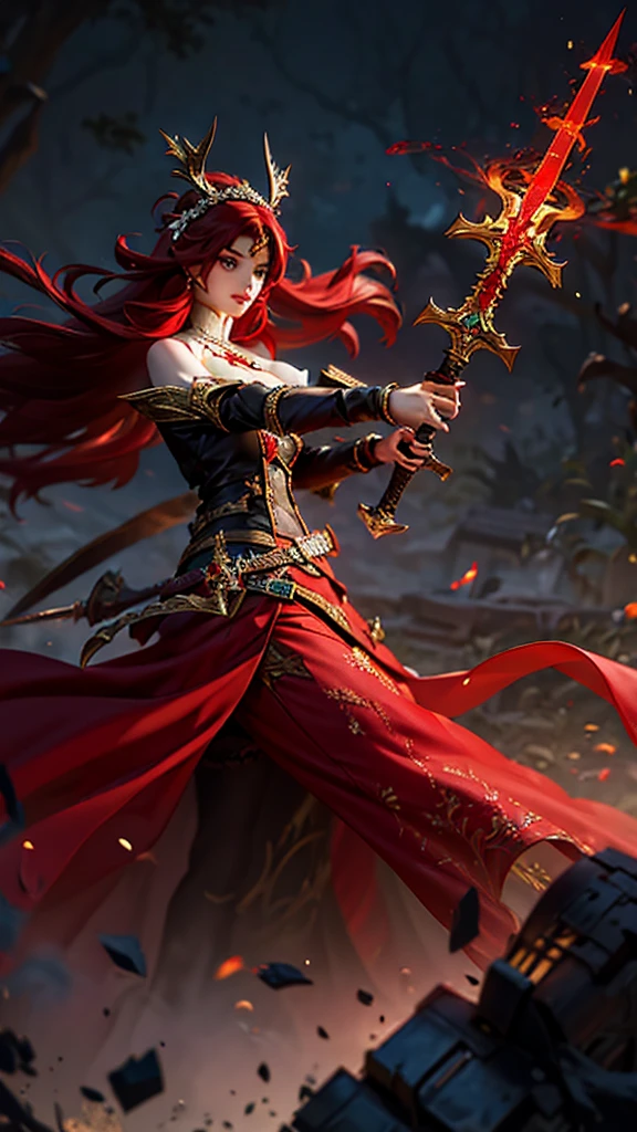 （best quality,masterpiece,Ultra-high resolution,photoactual:4：0),In the ruined castle,beauty,Elegant temperament,an oriental woman,25 years old,8k,Long flowing red hair,Devil's Horn,Big breasts,cleavage,,Wearing red lolita style,Magic Effects,steel sword,Black light on the sword,,Sword Runes