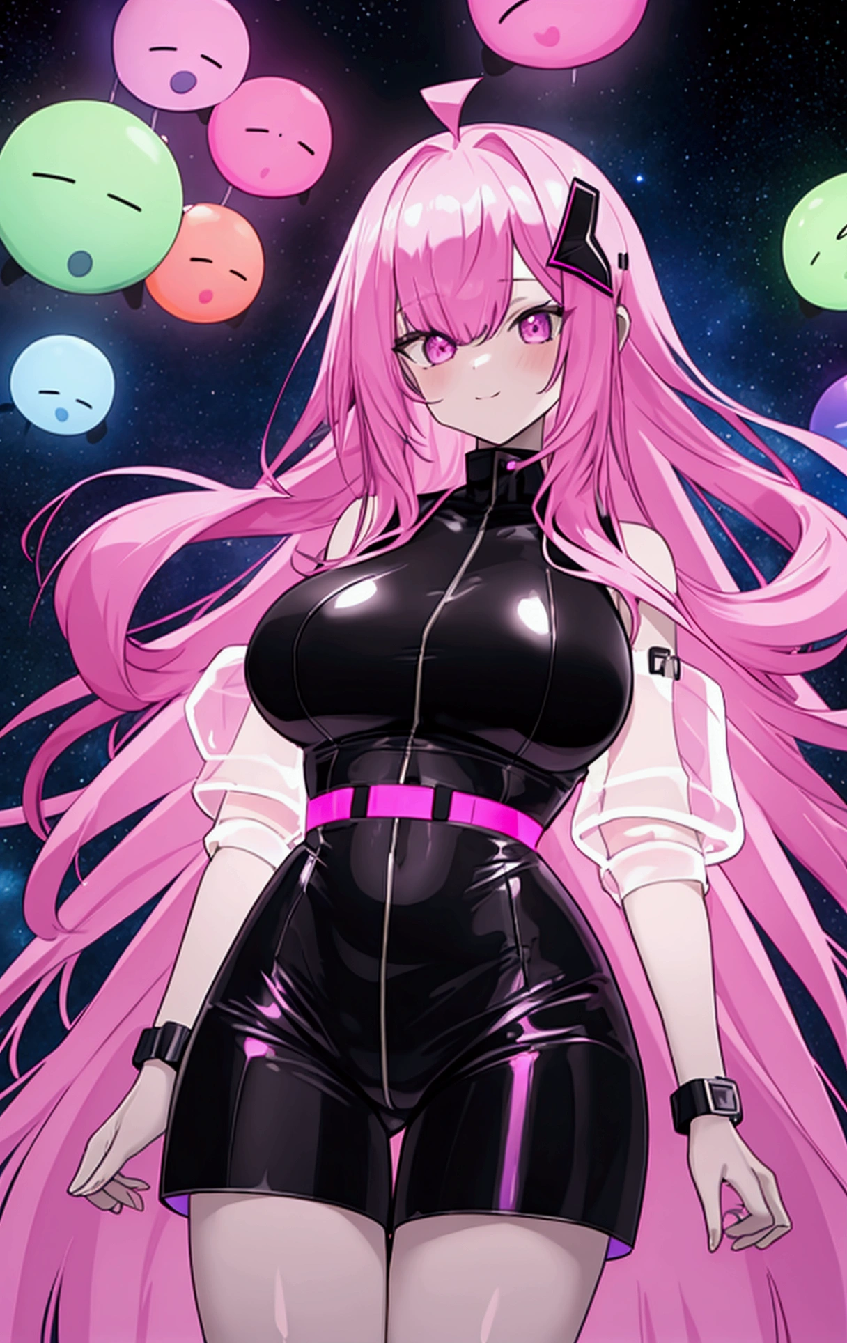 Woman with long pink hair, night, neon, Flying Saucer, abduction, Galaxy Background, neon lights, Black clothes with LED,  4K  , {{The alien who came to Earth captured an Earth girl and peeled off her skin to wear it, impersonating her.}}, Big Breasts, Adult women, Super detailed, Ultra-detailed, Official Art, NSFW