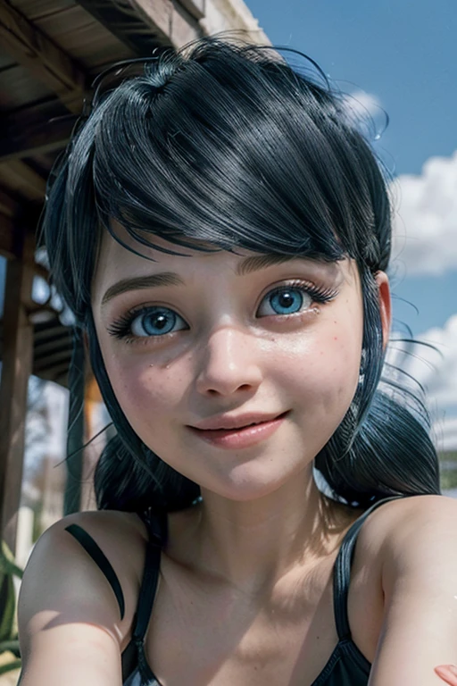 (8k, raw photo, Best Quality, masterpiece:1.2), (intricate details), Perfect eyes, perfect face, perfect lighting, beautiful, (masterpiece:1.2), (Best Quality:1.2), 1 girl( marinette, For the blue, Horsetails, blue  eyes), smile,  parted lips, Alone, sensual, sky blue bikini, posing for Goku