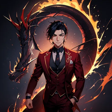 anime man in a suit and tie with a dragon in the background, dragon - inspired suit, by yang j, human and dragon fusion, handsom...