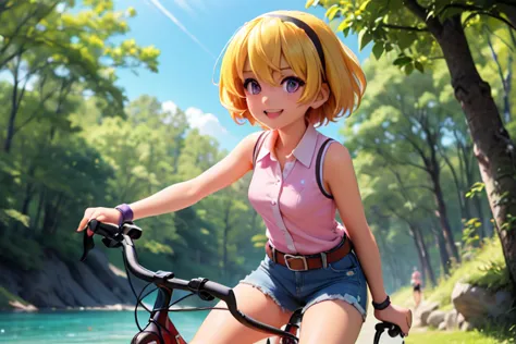 (ride a bicycle), (houjou_satoko), 1 female, (yellow hair), blonde, purple eyes, short hair, hair band, small breasts, collared ...