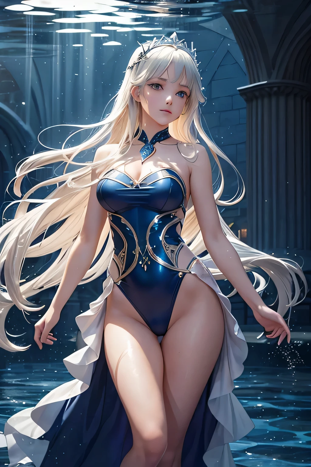 "Under the moonlit sky in Albion’s royal palace, Eleanor of Albion swims elegantly in a grand, gothic-inspired pool. The stone arches and towering spires of the palace are silhouetted against the night, while the water is illuminated by soft, ethereal lights beneath the surface, creating a magical atmosphere. Eleanor wears a deep blue, one-piece swimsuit with silver accents, mirroring the night sky above. Her long blonde hair flows behind her as she glides through the water, her movements as graceful as they are regal. The gentle glow of lanterns and the reflection of the stars on the water add a mystical charm to the scene, highlighting the enchanting beauty of Albion’s princess."