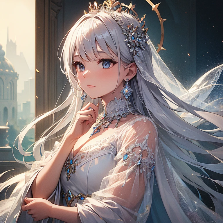 (masterpiece, best quality: 1.4), detailed background, white crystal, crysal cluster,long hair,jewelry, earrings, necklace, crown, bride, white hair, halo,