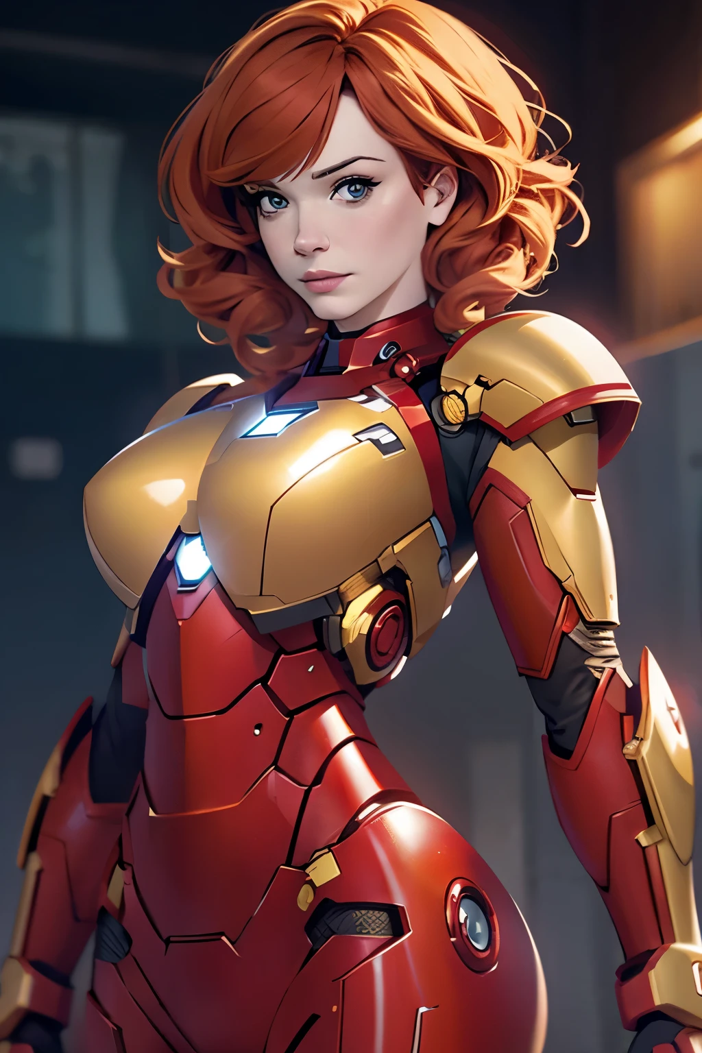 Christina Hendricks as Riri Williams in Iron Man armor: Mark XLIX Rescue Armor, Detailed costume design