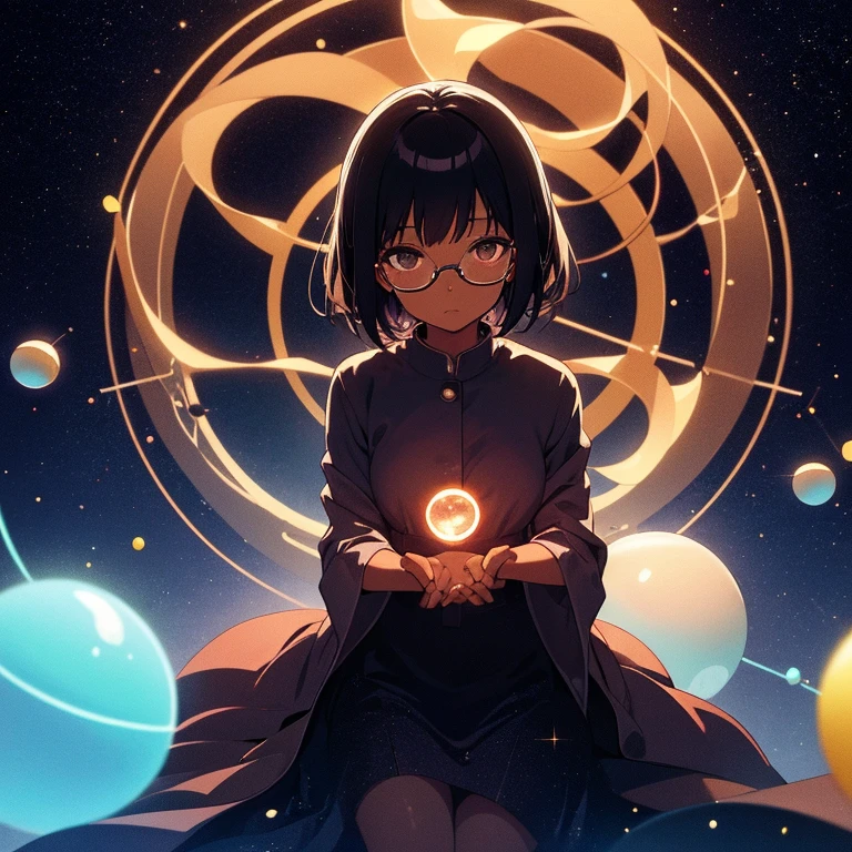 ((1girl)), anime, short dark hair, dark skin, shiny glasses lenses, mouth closed and expressionless, sitting, with her hands holding a glowing orb while two other glowing spheres orbit around her.