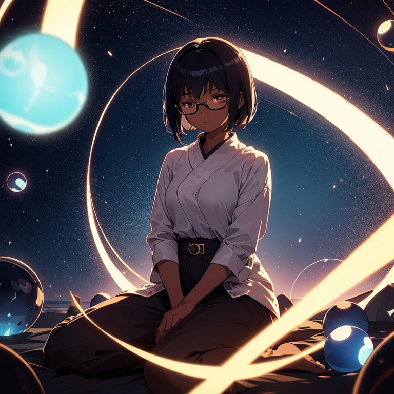 ((1girl)), anime, short dark hair, dark skin, shiny glasses lenses, mouth closed and expressionless, sitting, with her hands holding a glowing orb while two other glowing spheres orbit around her.