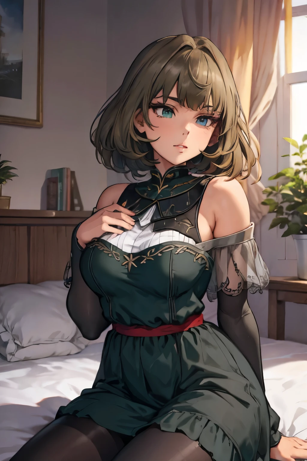 (sentier désertique)), gros seins, jambes grasses, ((vue de profil)), (assise), ((perfect eyes)), (extremely fine and beautiful:1.1), (perfect details:1.1), (finely detailed eyes and detailed face:1.3), Kaede Takagaki, (shining grey pantyhose), grey pantyhose, high heels, green eyes, blue eyes, heterochromia, black dress, off-shoulder, short dress,