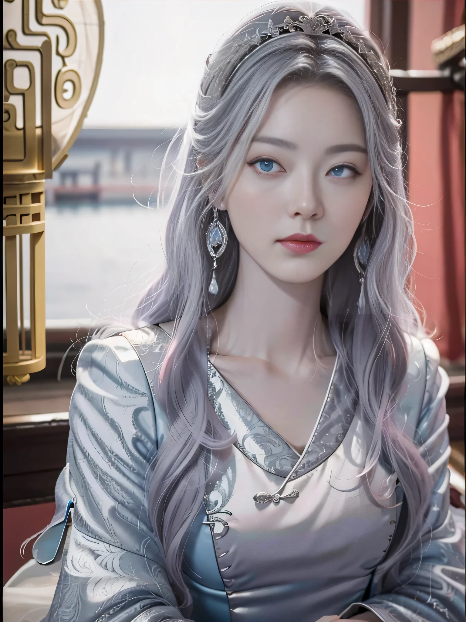 Masterpiece, Excellent, Chinese Imperial Palace, Chinese Style, Ancient China, 1 Woman, Mature Woman, Silver-White Long-Haired Woman, Gray-Blue Eyes, Pale Pink Lips, Cold, Serious, Effeminate, Bangs,