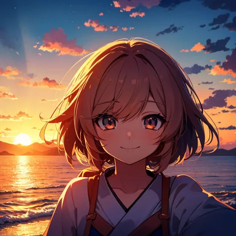 anime style, in the sky, over the sea, two eyes open, eyes detailed, in a sunset, smiling, masterpiece, 4k, detailed face, good ...