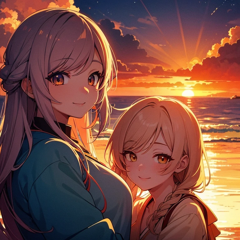 anime style, in the sky, over the sea, two eyes open, eyes detailed, in a sunset, smiling, masterpiece, 4k, detailed face, good anathomy, highlights,  