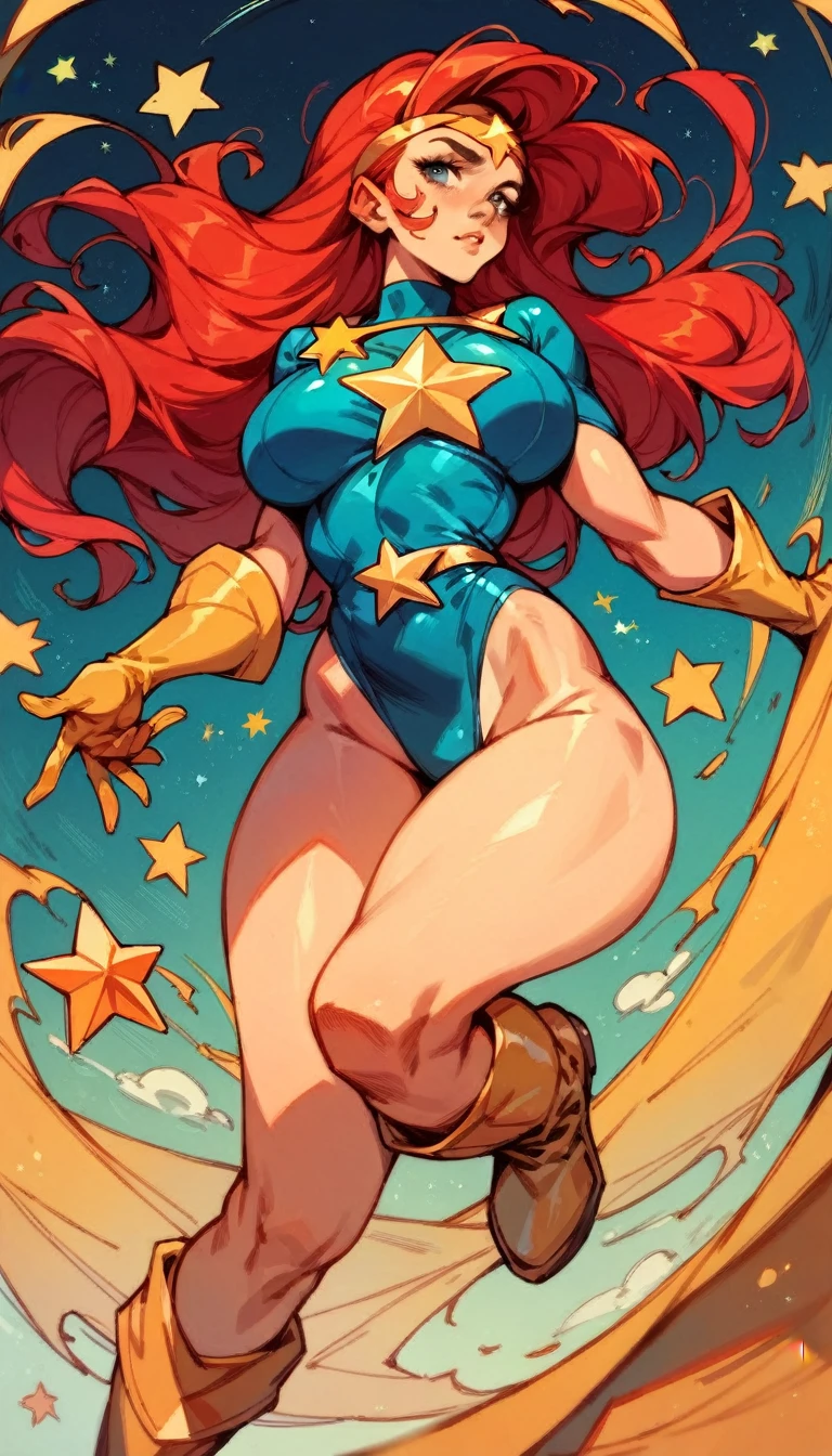 score_9, score_8_up, score_7_up, score_6_up, score_5_up, score_4_up, Sexy, Superheroine, Red hair, long hair, busty, curvy, ((blue highleg leotard with a t-back thong and a gold star insignia on chest)), gold boots, gold gloves